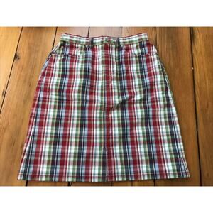 Eddie Bauer Petite Madras Plaid Cotton Red Green Blue Jean Style Skirt 6P 27"